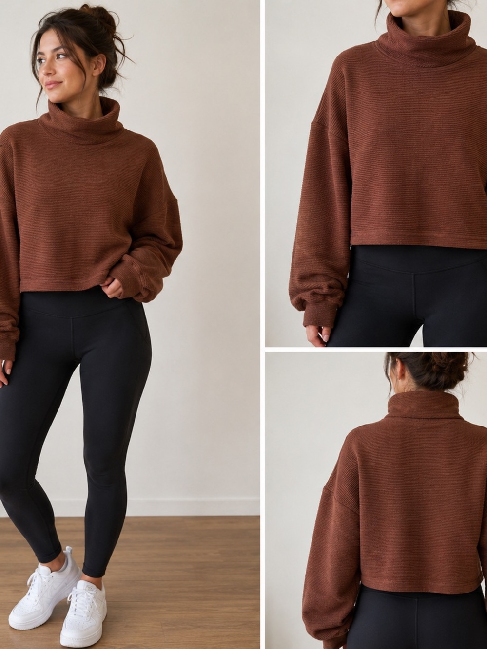 Lululemon Textured Funnel Neck Cropped Pullover Sweater Brown XS/S